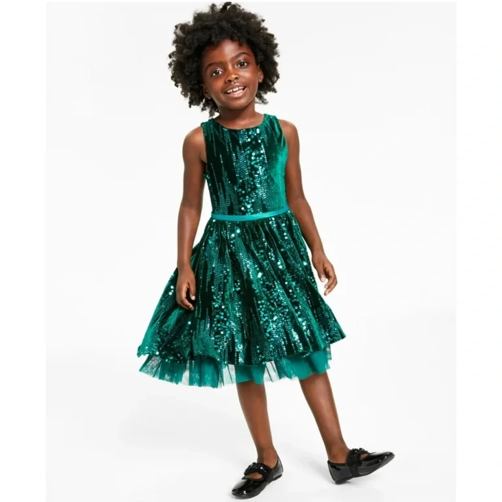 Rare Editions Big Girls Green Sequin and Velvet Social Dress Christmas Holiday